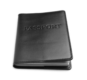 Photo of Passport in black leather case isolated on white