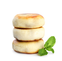 Delicious cottage cheese pancakes with mint isolated on white