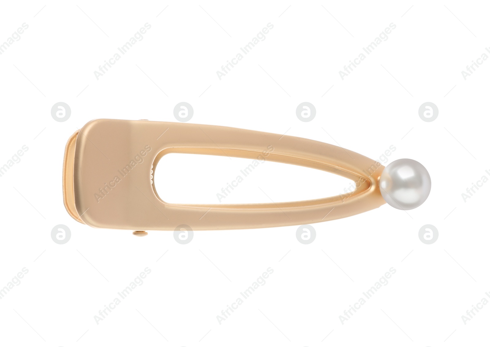 Photo of Stylish hair clip with pearl isolated on white, top view