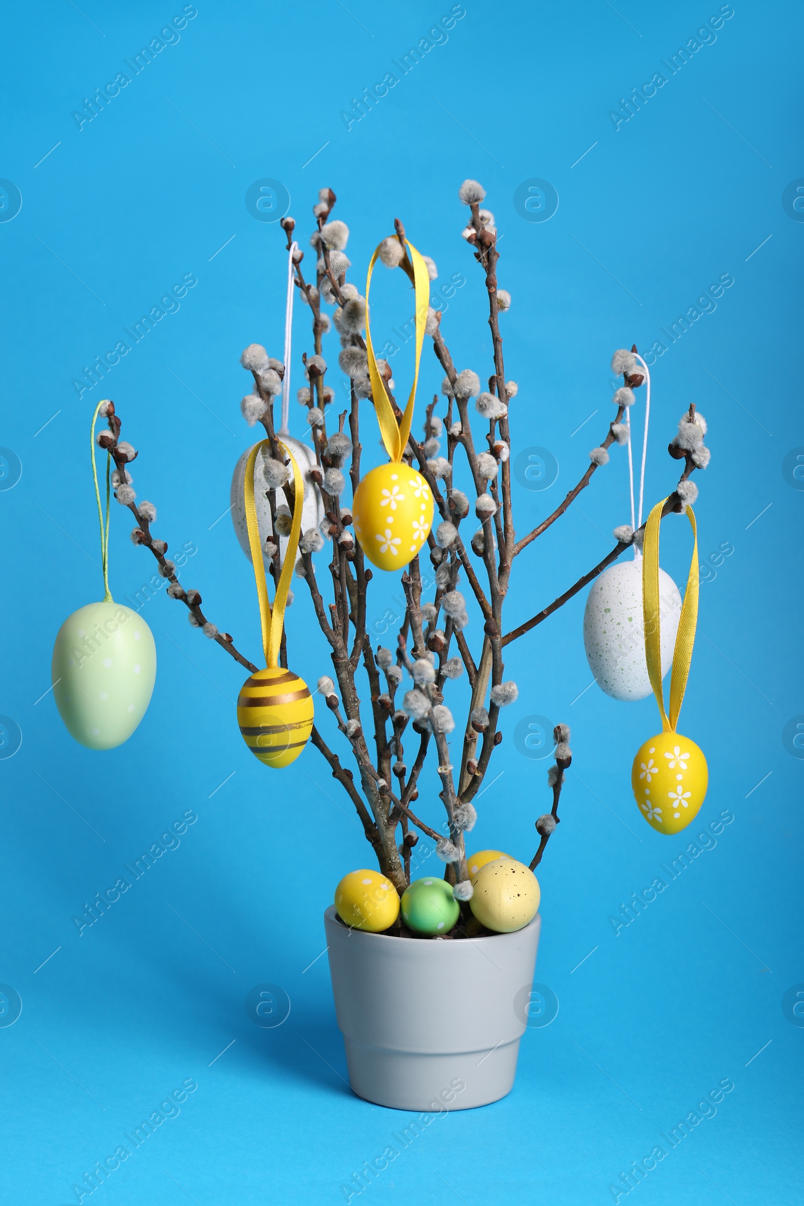 Photo of Beautiful willow branches with painted eggs in pot on light blue background. Easter decor