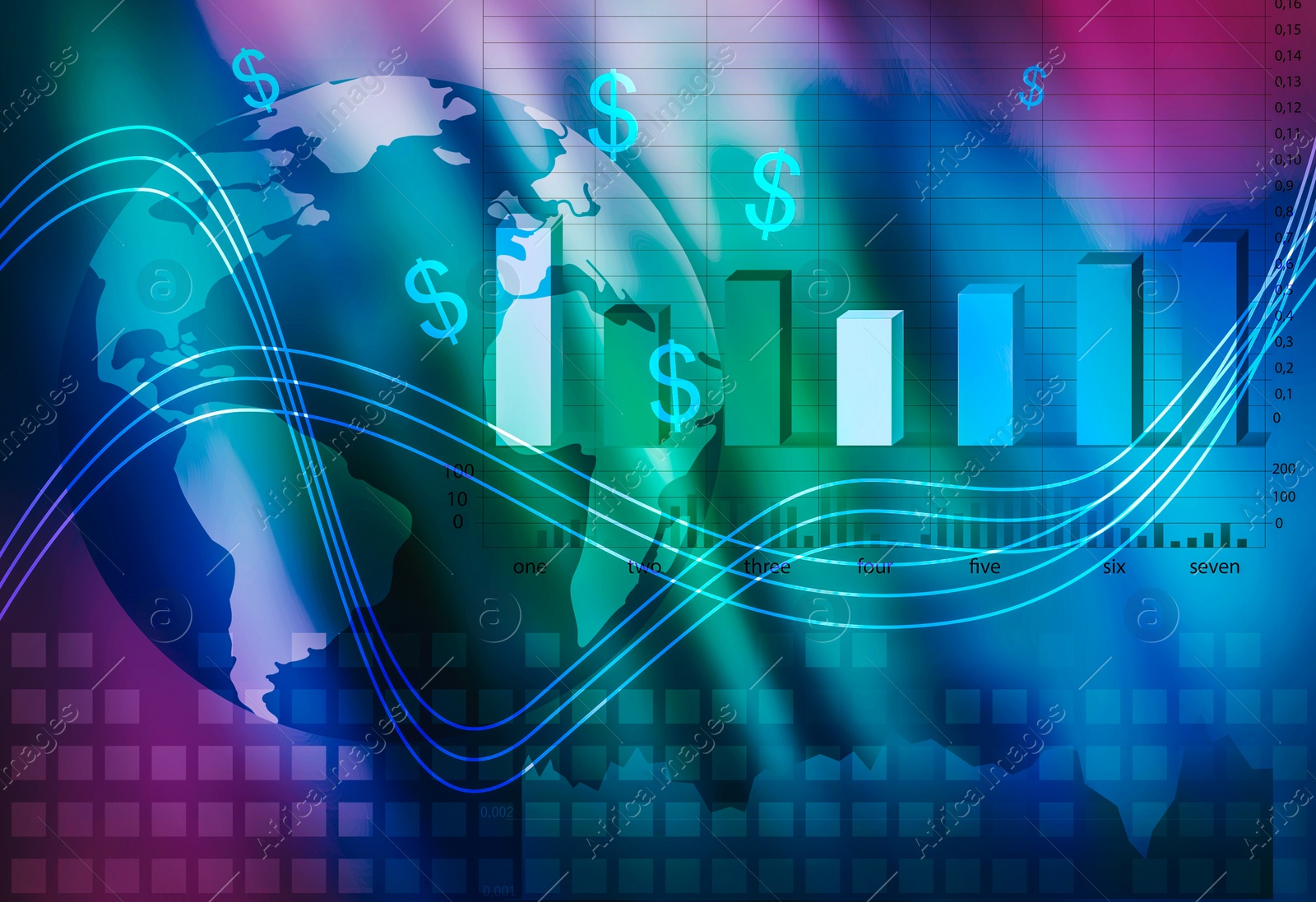 Illustration of Finance trading concept. Digital charts with statistic information and world globe