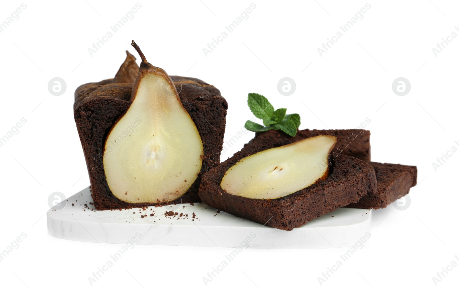 Photo of Tasty pear bread with mint isolated on white. Homemade cake