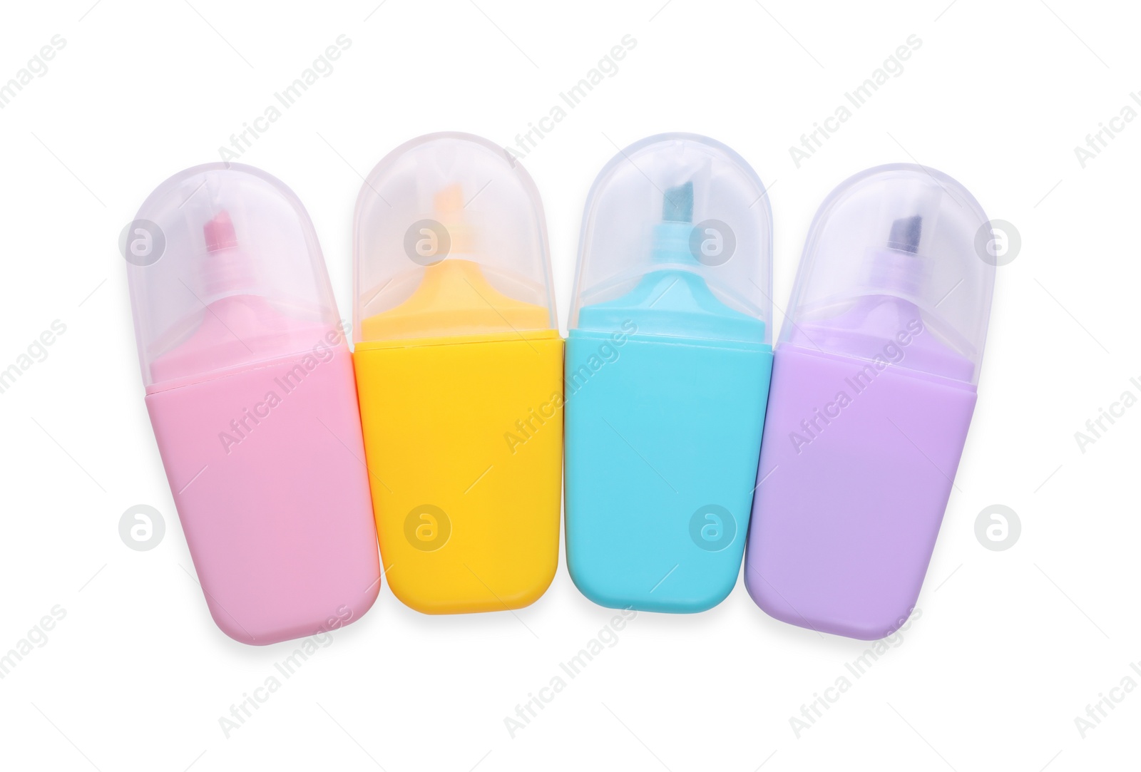 Photo of Many colorful markers on white background, top view