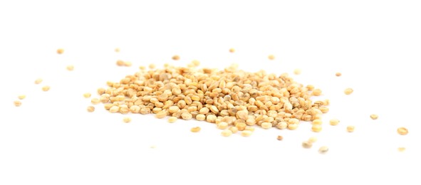 Pile of raw quinoa grains on white background