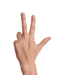 Woman showing hand on white background, closeup