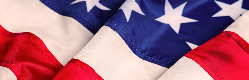 Image of National American flag as background, closeup. Banner design