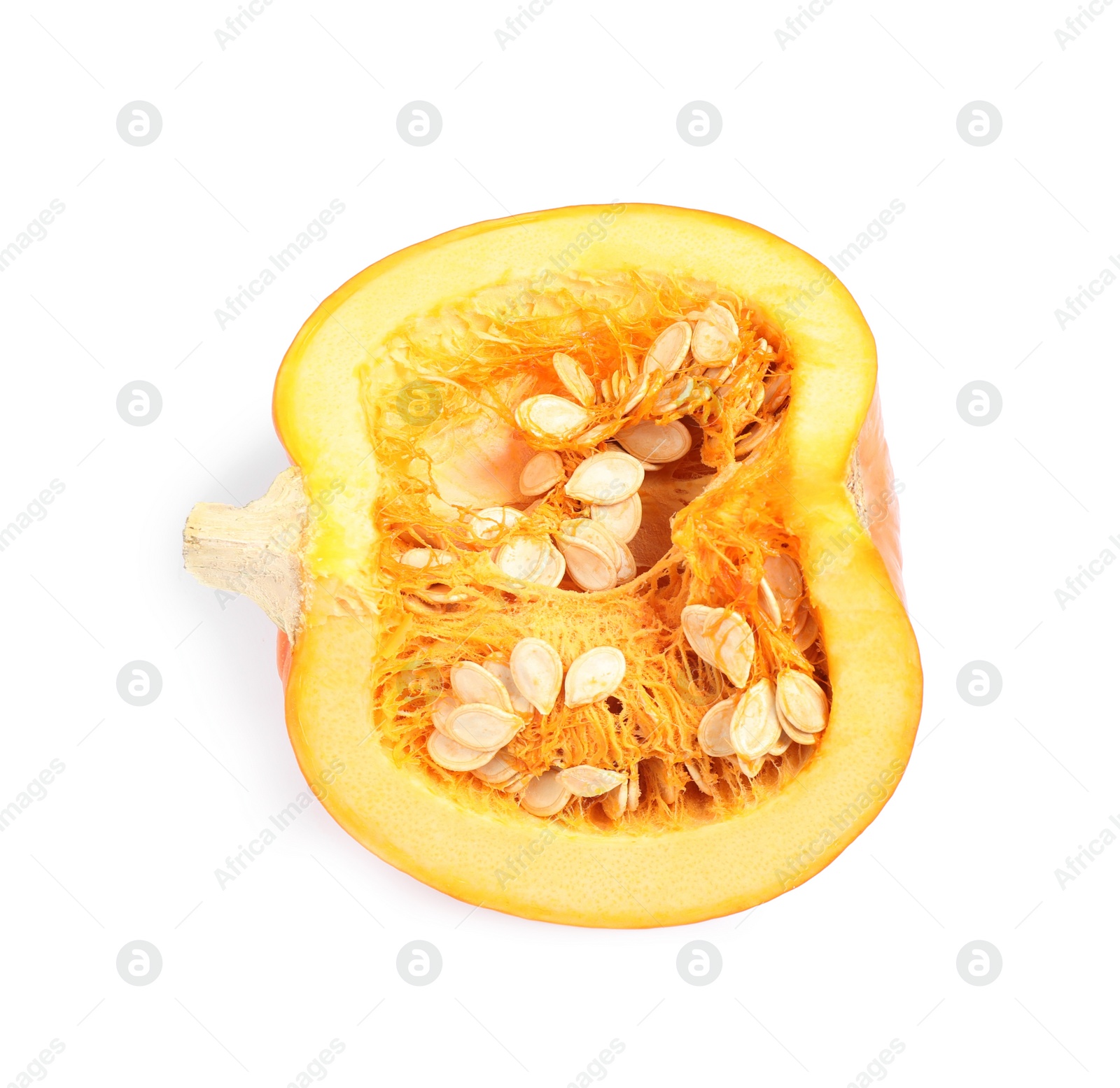 Photo of Piece of ripe orange pumpkin isolated on white, top view