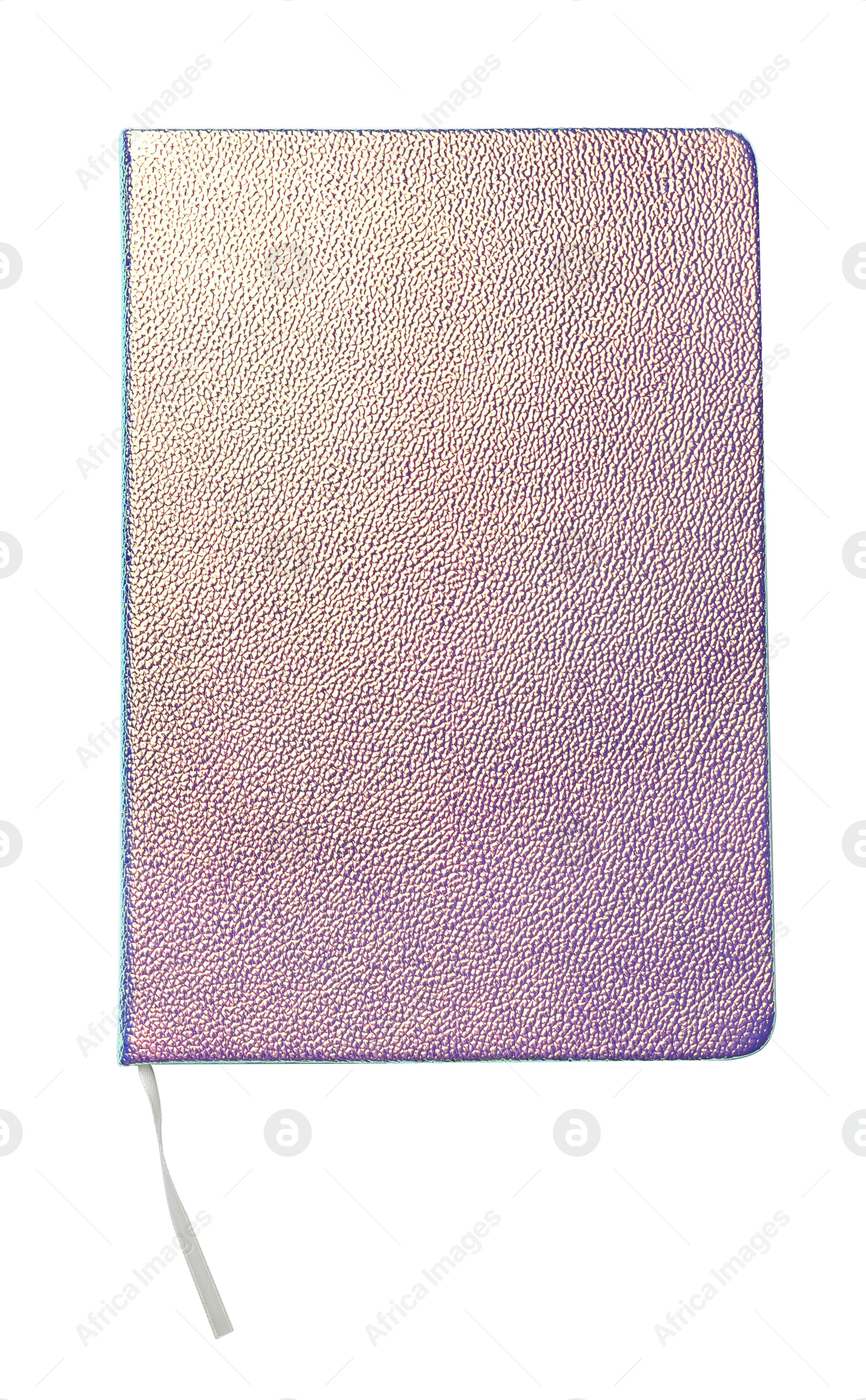Photo of Stylish purple glitter notebook isolated on white, top view