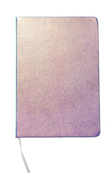 Stylish purple glitter notebook isolated on white, top view