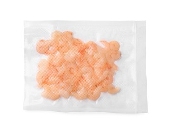 Shrimps in vacuum pack on white background, top view