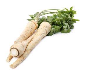 Photo of Tasty fresh ripe parsnips on white background