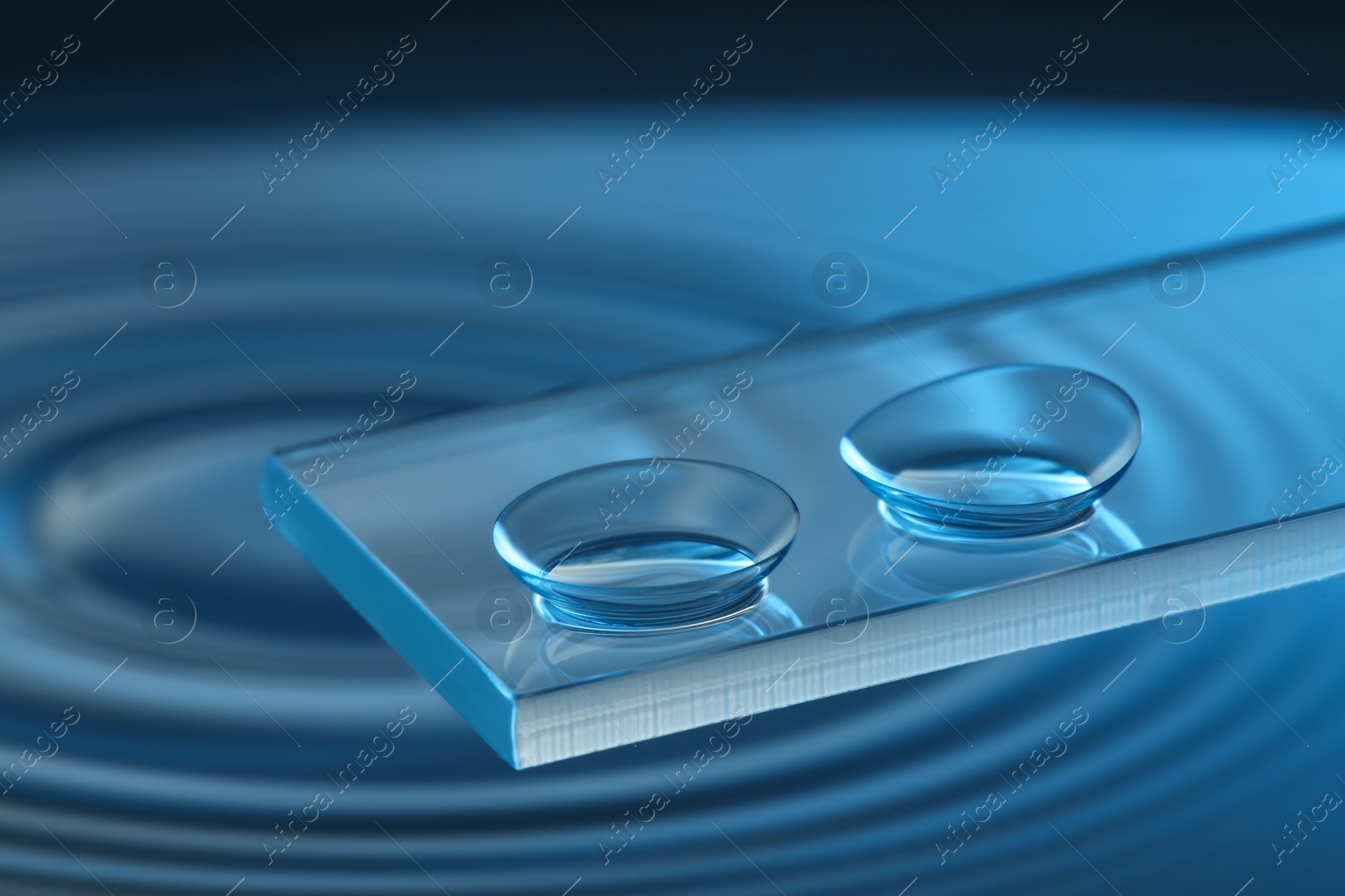 Photo of Pair of contact lenses on glass against blue background, closeup