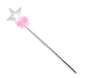Photo of Beautiful silver magic wand with feather isolated on white, top view
