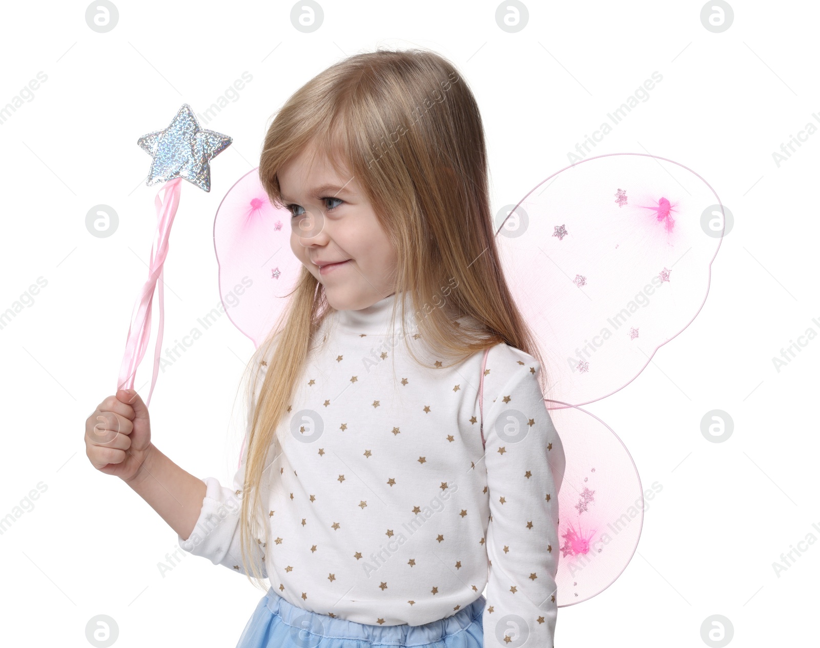 Photo of Cute little girl in fairy costume with pink wings and magic wand on white background