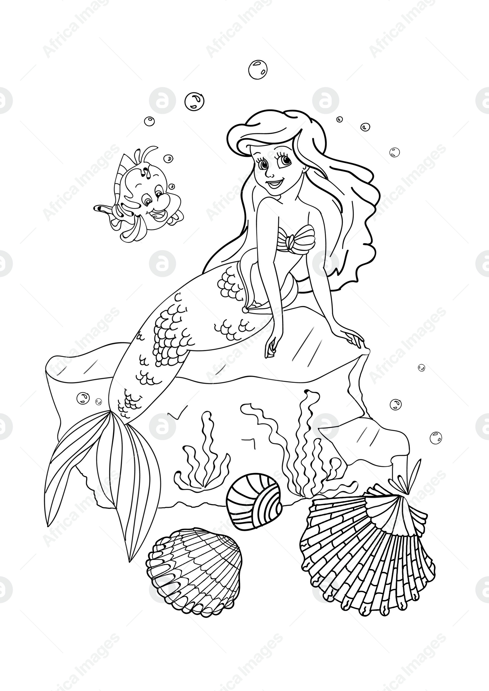 Illustration of Beautiful mermaid  in underwater world on white background, illustration. Coloring page 