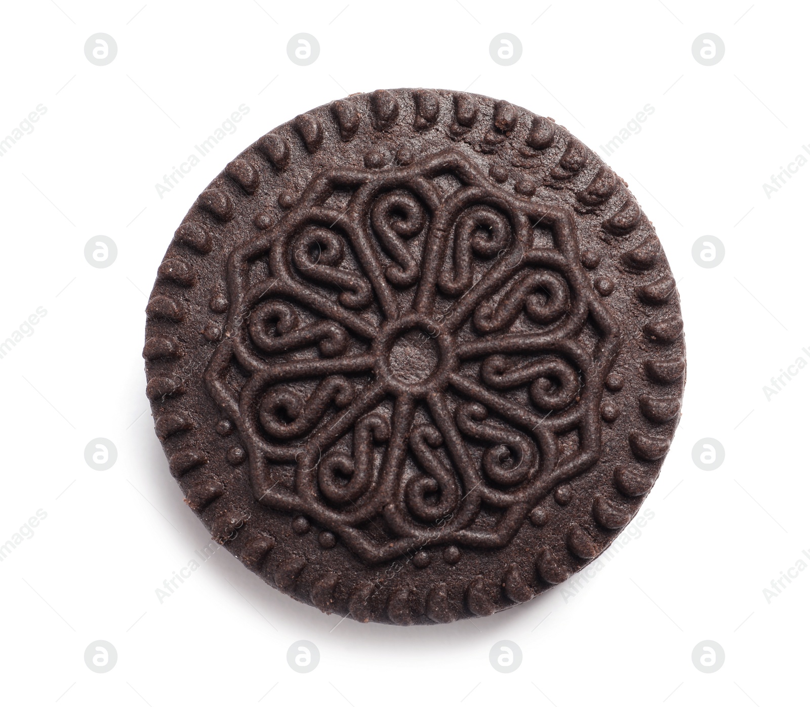 Photo of Tasty chocolate cookie with cream on white background, top view