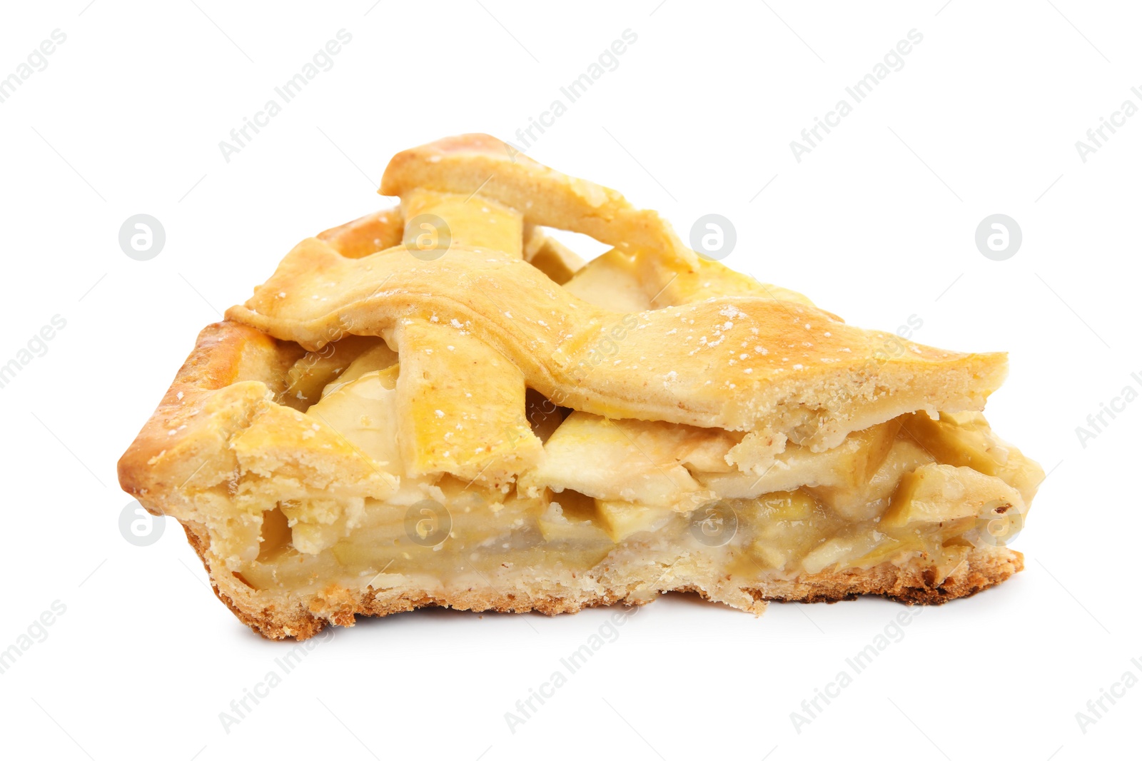 Photo of Slice of delicious traditional apple pie isolated on white