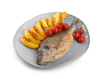Photo of Delicious roasted dorado fish, bell pepper and tomatoes isolated on white