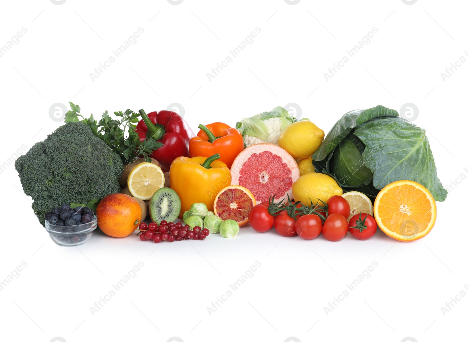 Photo of Fresh products rich in vitamin C on white background