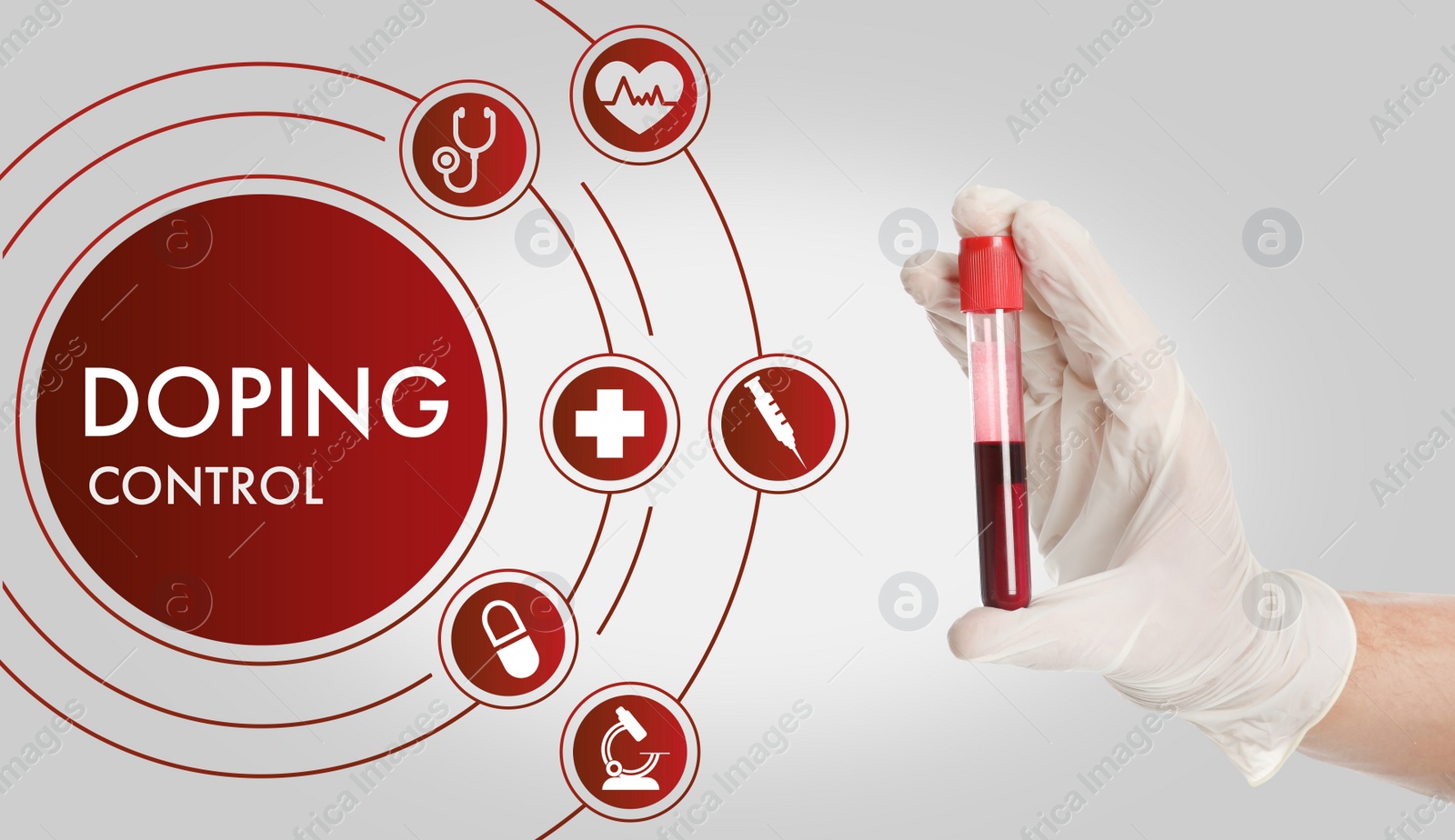 Image of Doping control. Virtual icons and scientist holding test tube with blood sample on light background, closeup