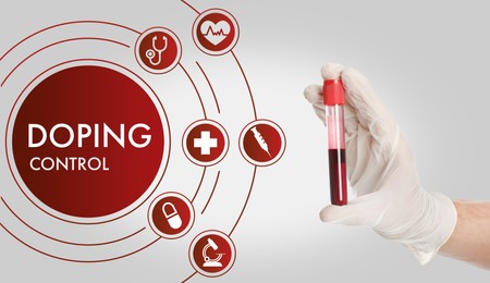 Doping control. Virtual icons and scientist holding test tube with blood sample on light background, closeup