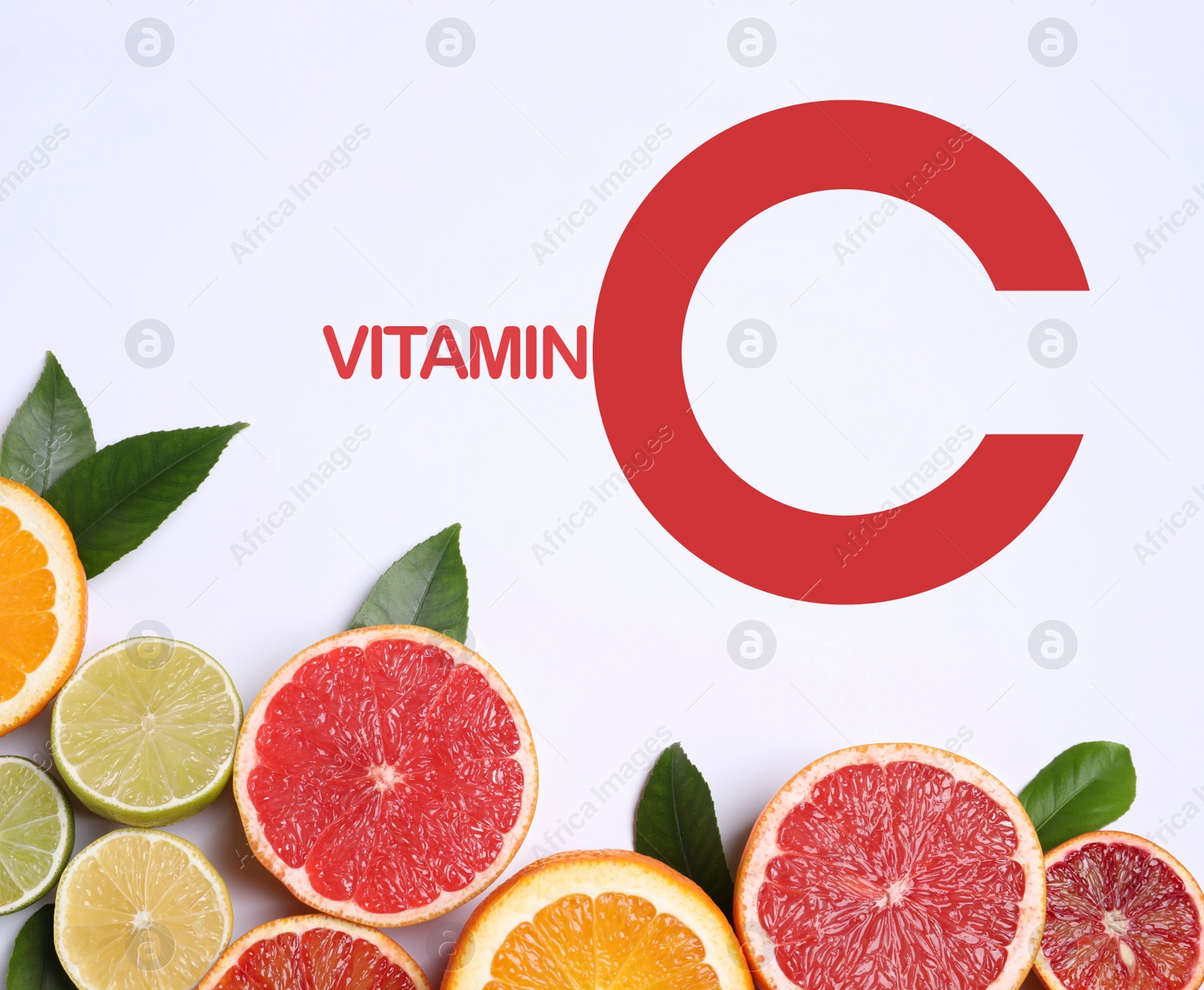 Image of Source of Vitamin C. Fresh juicy citrus fruits with green leaves on white background, flat lay