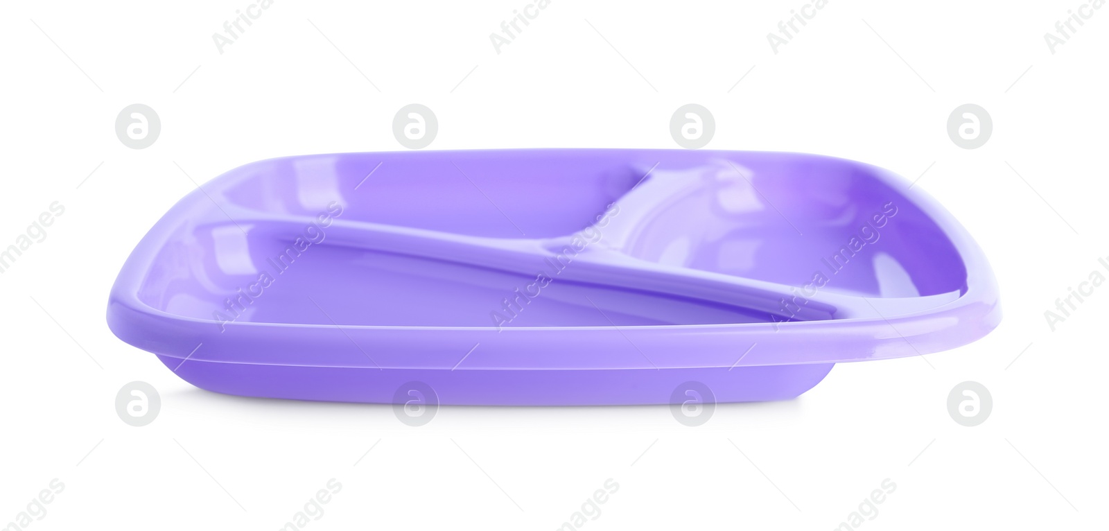 Photo of Violet plastic section plate isolated on white. Serving baby food