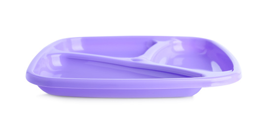 Photo of Violet plastic section plate isolated on white. Serving baby food