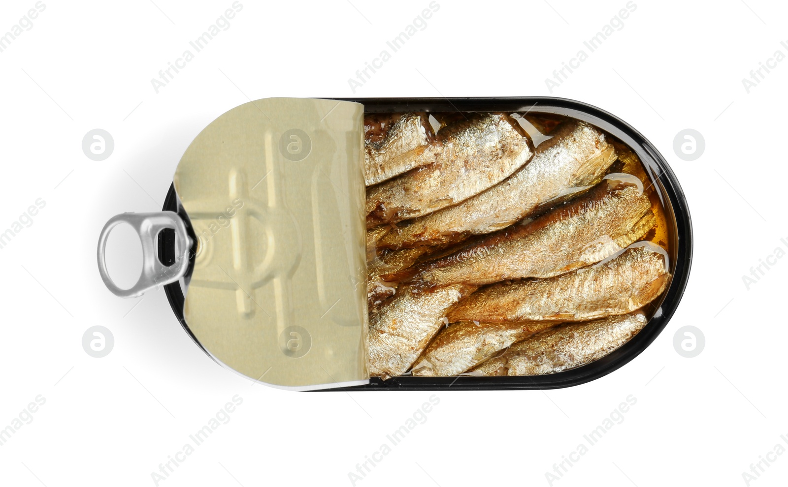 Photo of One tin can of sprats isolated on white, top view