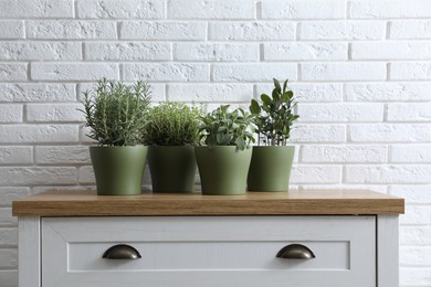 Photo of Different aromatic potted herbs on chest of drawers near white brick wall