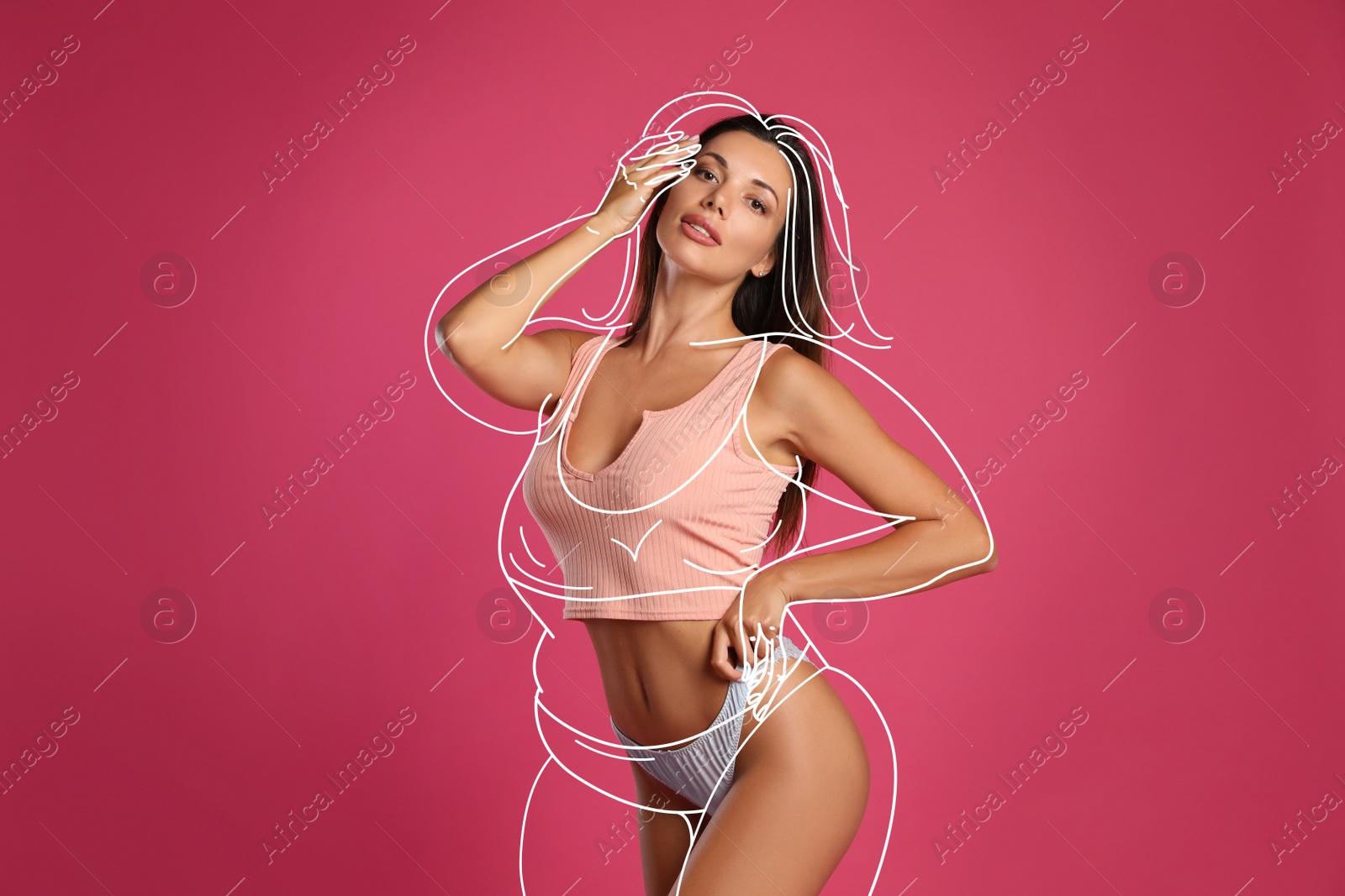 Image of Beautiful slim woman after weight loss on pink background 