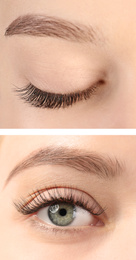 Image of Collage with photos of young woman with beautiful long eyelashes after extension procedure, closeup