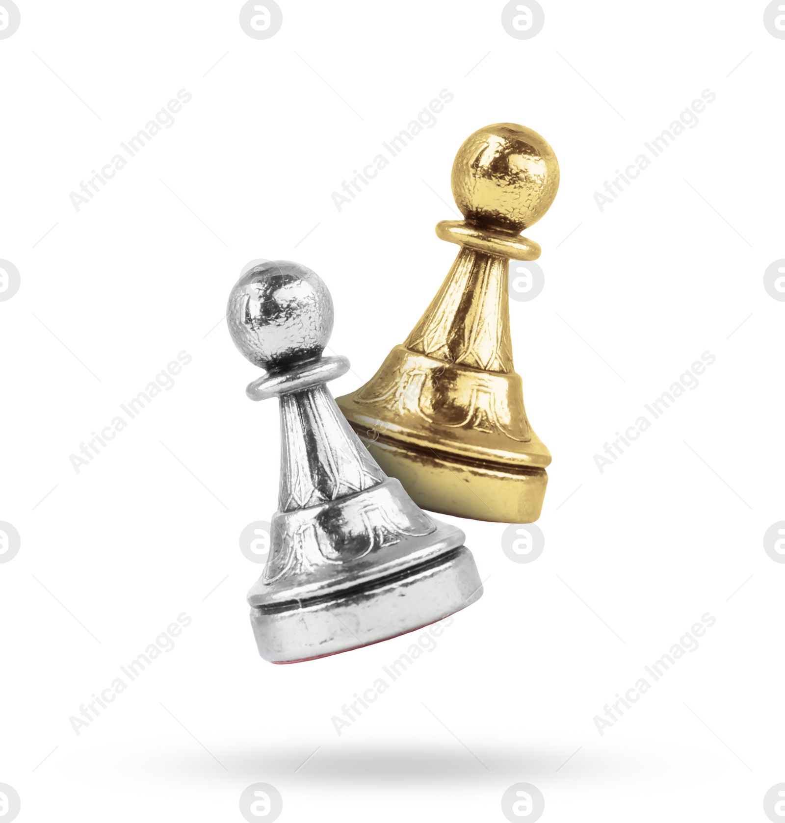 Image of Golden and silver chess pawns in air on white background