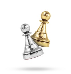 Golden and silver chess pawns in air on white background