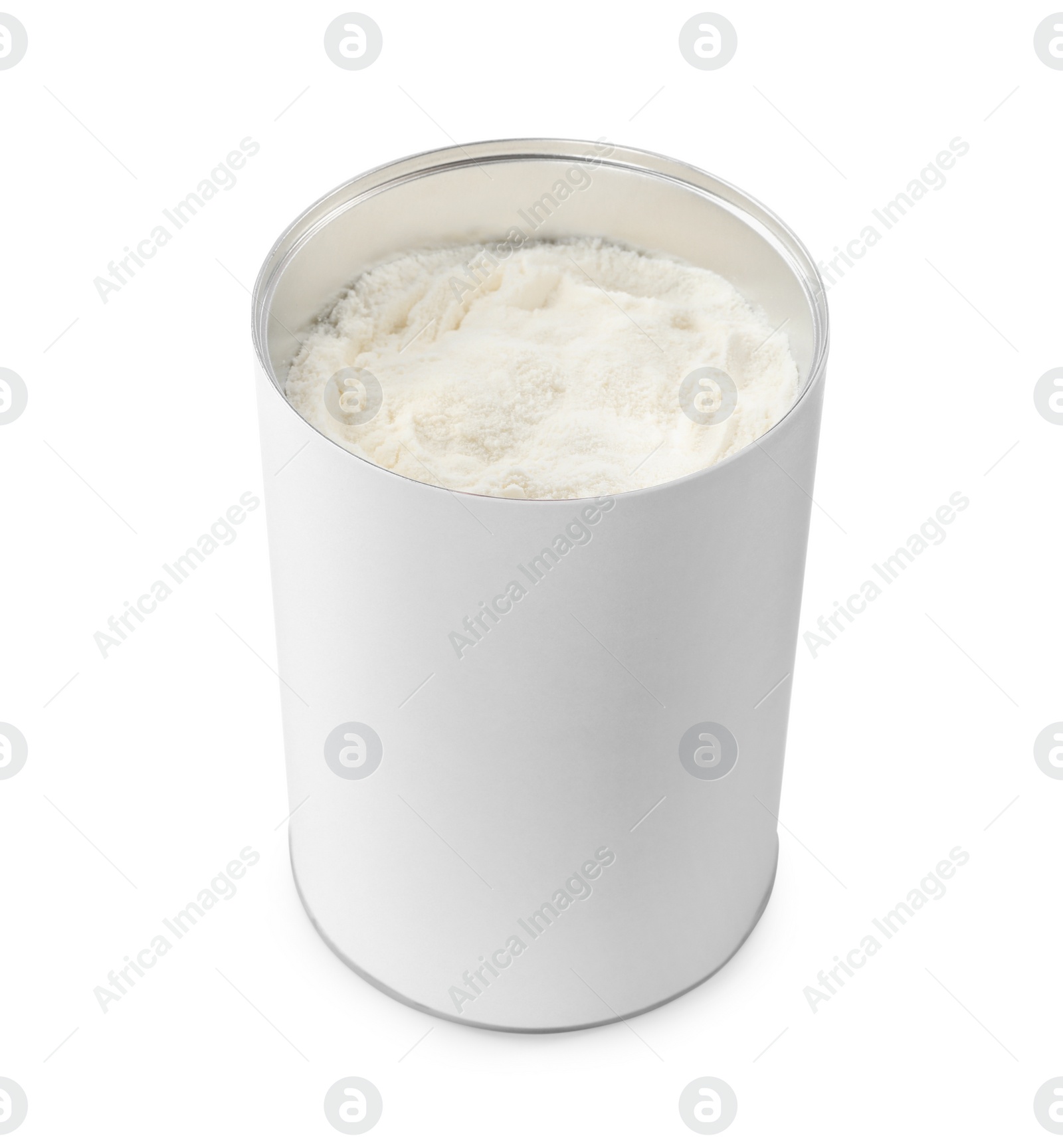 Photo of Can of powdered infant formula isolated on white. Baby milk