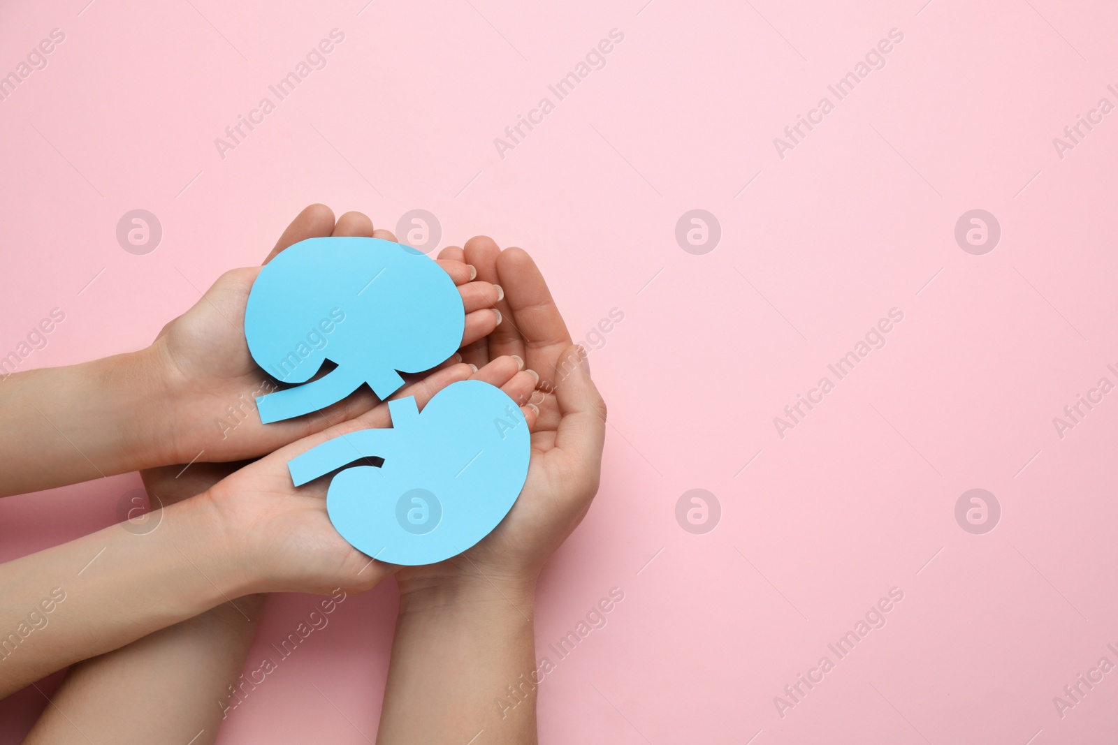 Photo of People holding paper cutout of kidneys on pink background, top view. Space for text