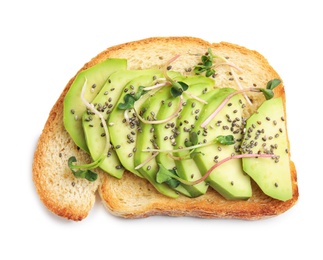 Tasty toast with avocado, sprouts and chia seeds on white background, top view