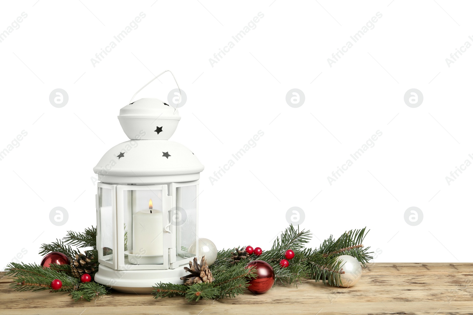 Photo of Lantern and Christmas decorations on grey background, space for text