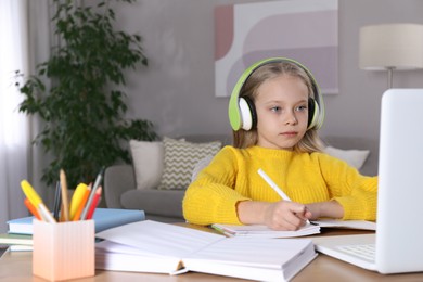 Photo of Cute little girl with modern laptop studying online at home, space for text. E-learning