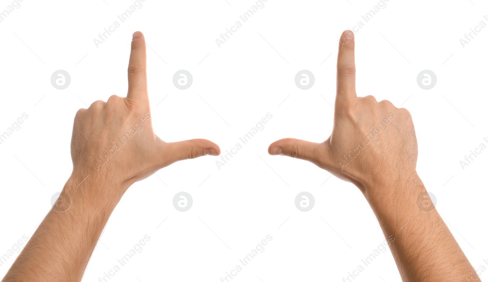 Photo of Man making frame with his hands on white background, closeup