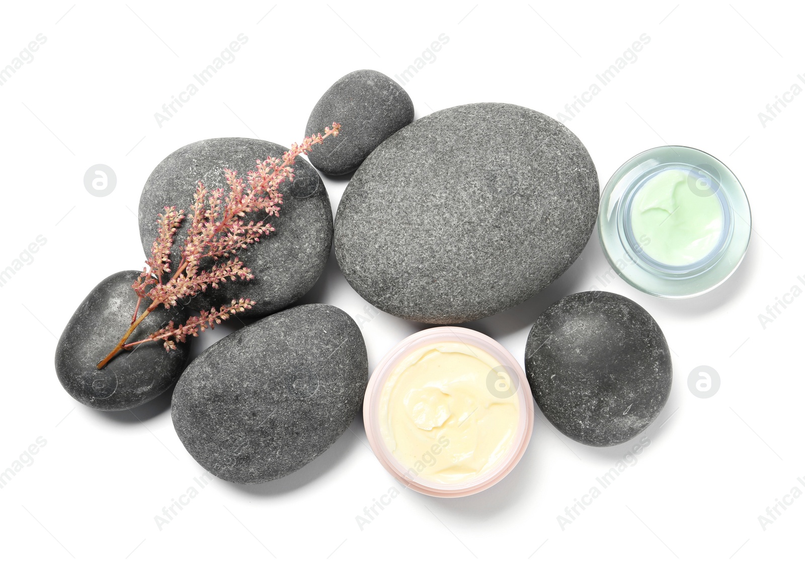 Photo of Composition with spa stones on white background, top view