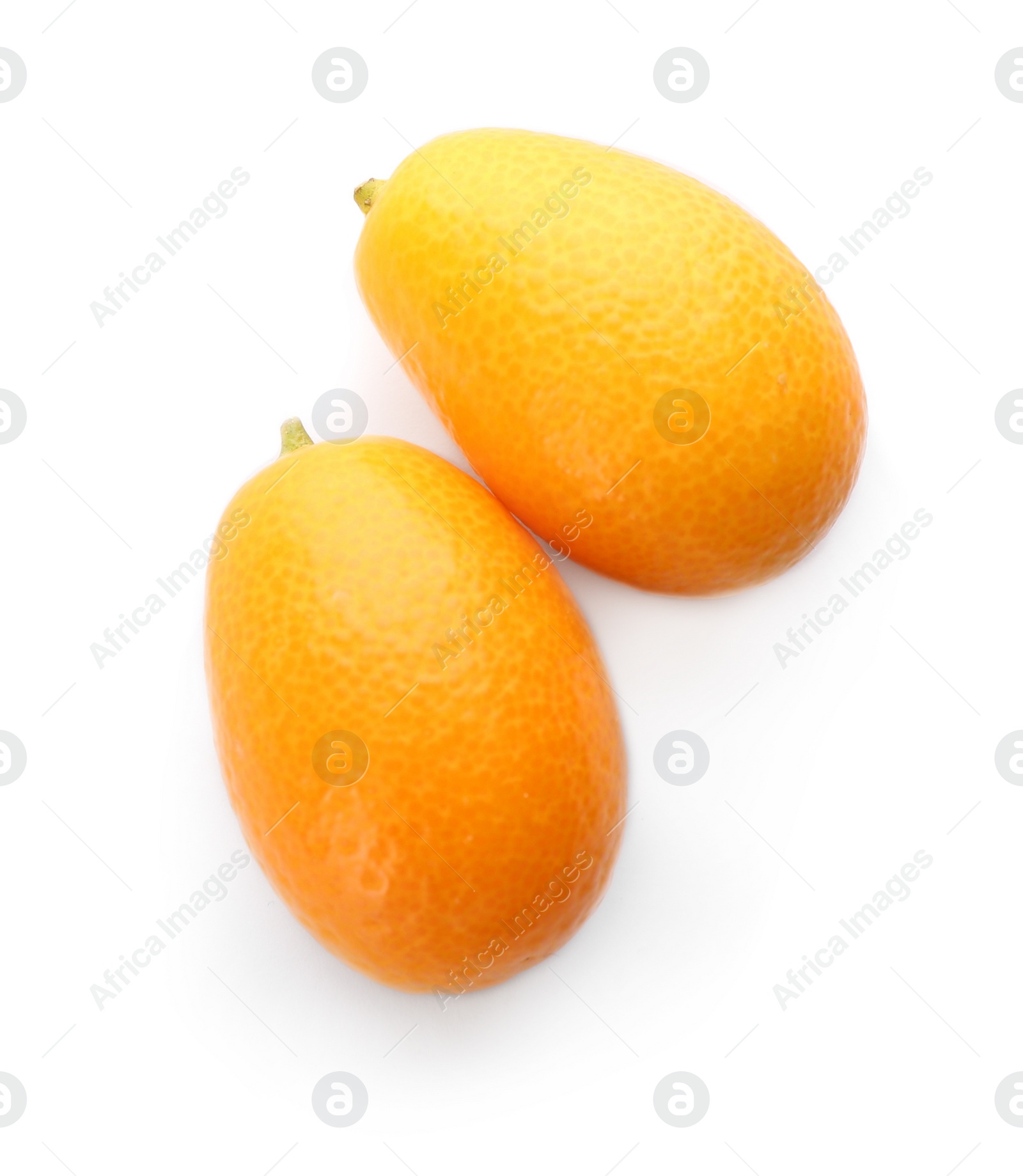 Photo of Two fresh ripe kumquats on white background, top view