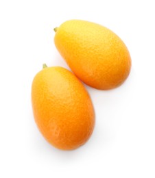 Two fresh ripe kumquats on white background, top view