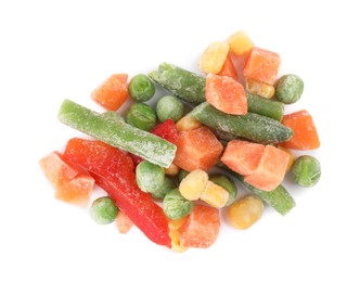 Photo of Mix of different frozen vegetables isolated on white, top view