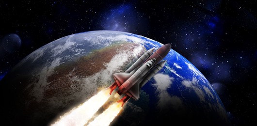 Image of Rocket flying near planet in space, banner design