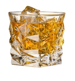 Photo of Whiskey and ice cubes in glass isolated on white