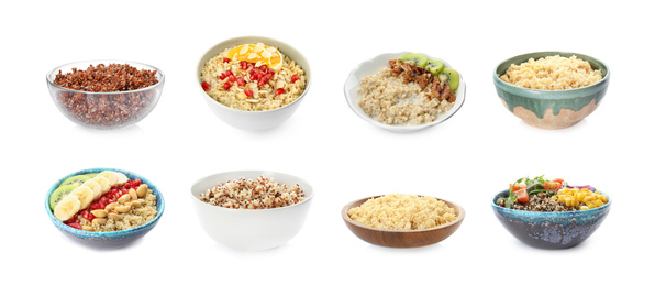 Image of Set of different healthy dishes with quinoa on white background. Banner design 
