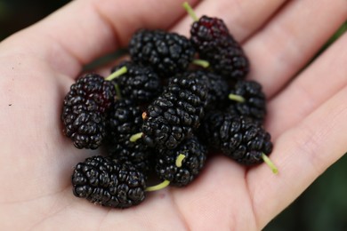 Photo of Woman holding tasty ripe mulberries, closeup view