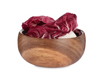 Photo of Leaves of ripe radicchio in bowl on white background