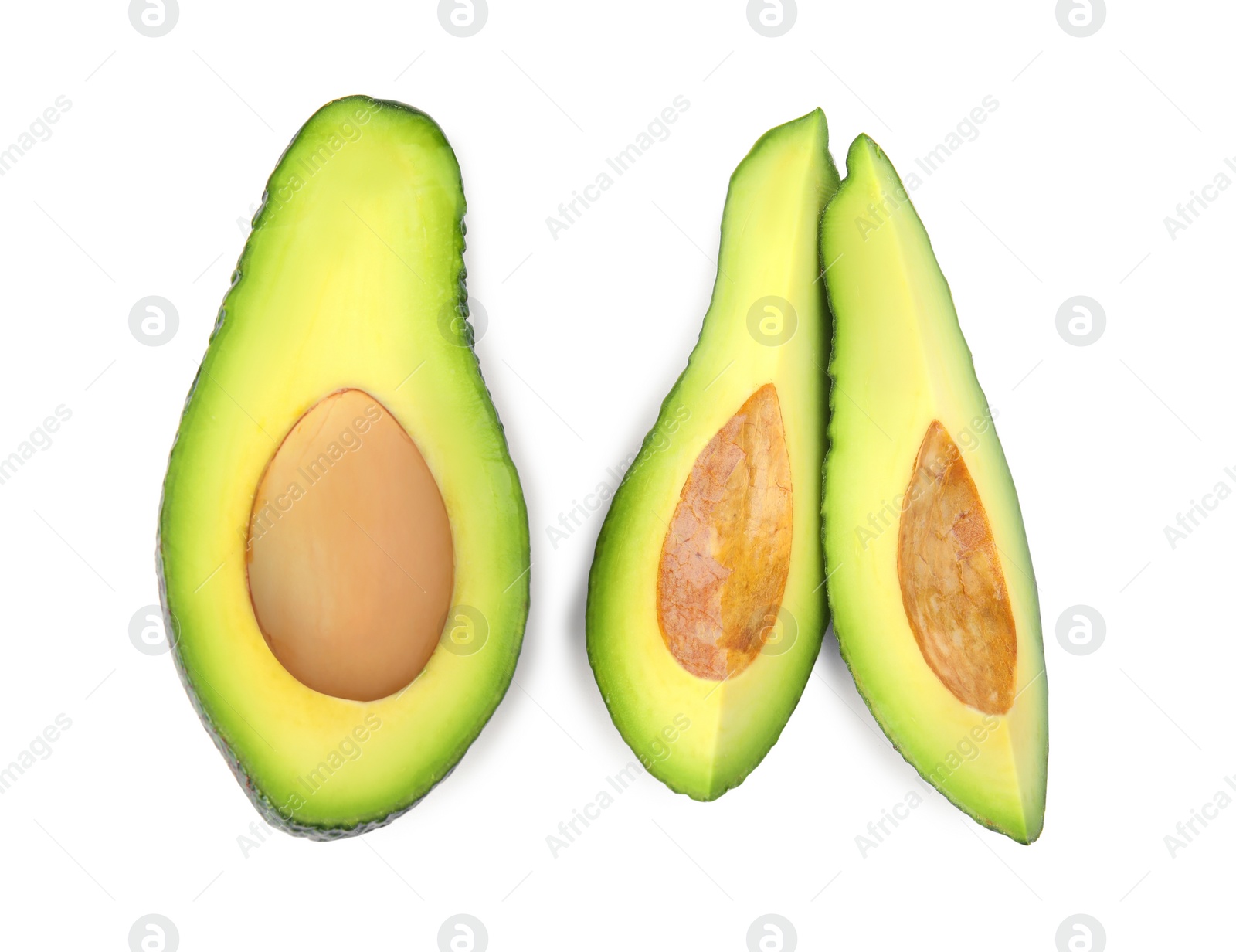 Photo of Tasty ripe avocados on white background, top view. Tropical fruit